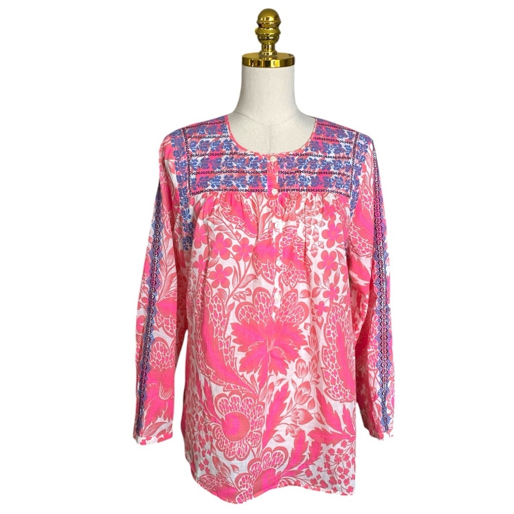J. Crew Women’s 100% Cotton Pink Floral Embroidered Peasant Blouse Size 12